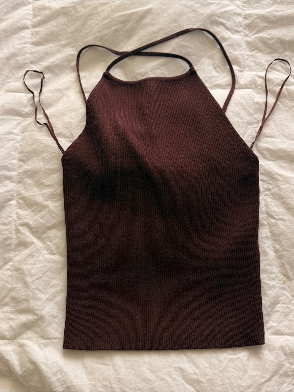 ZARA Brown Ribbed Halter Knit Top Open Back NWT Size Small